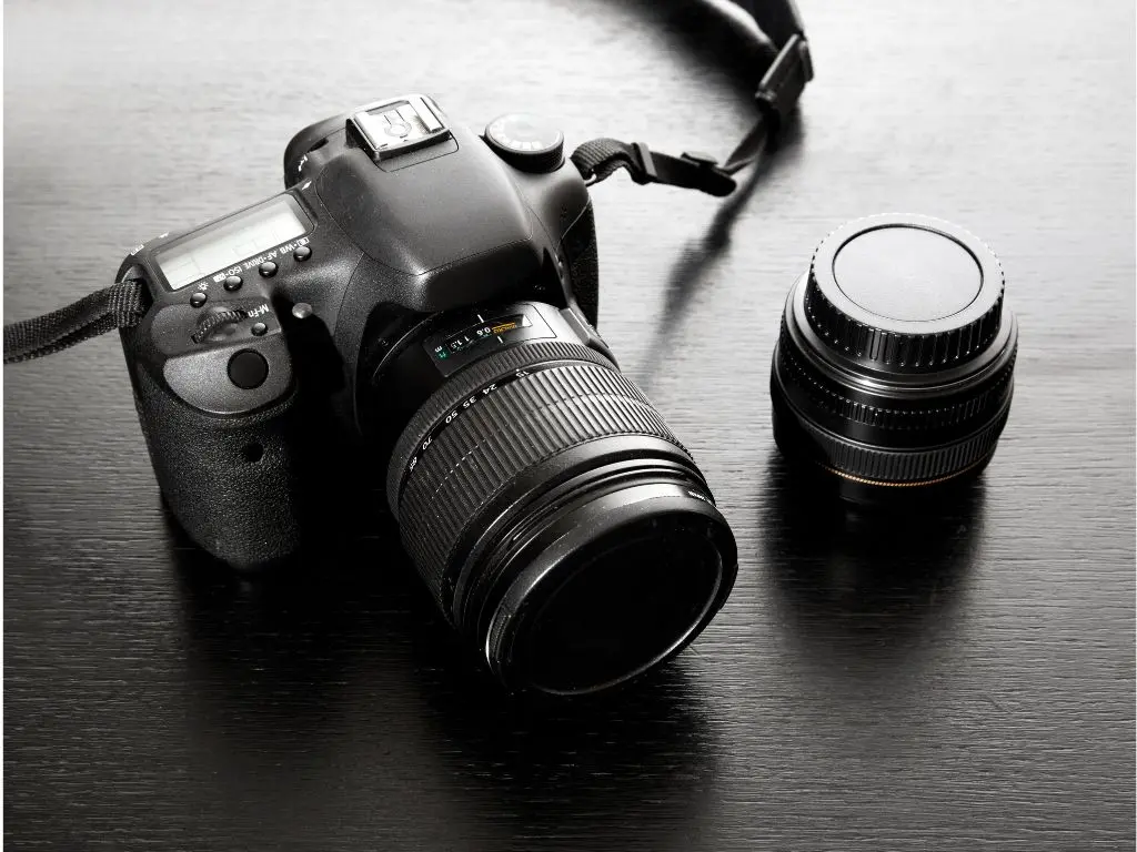 Camera and lens on a desk, representing photography services
